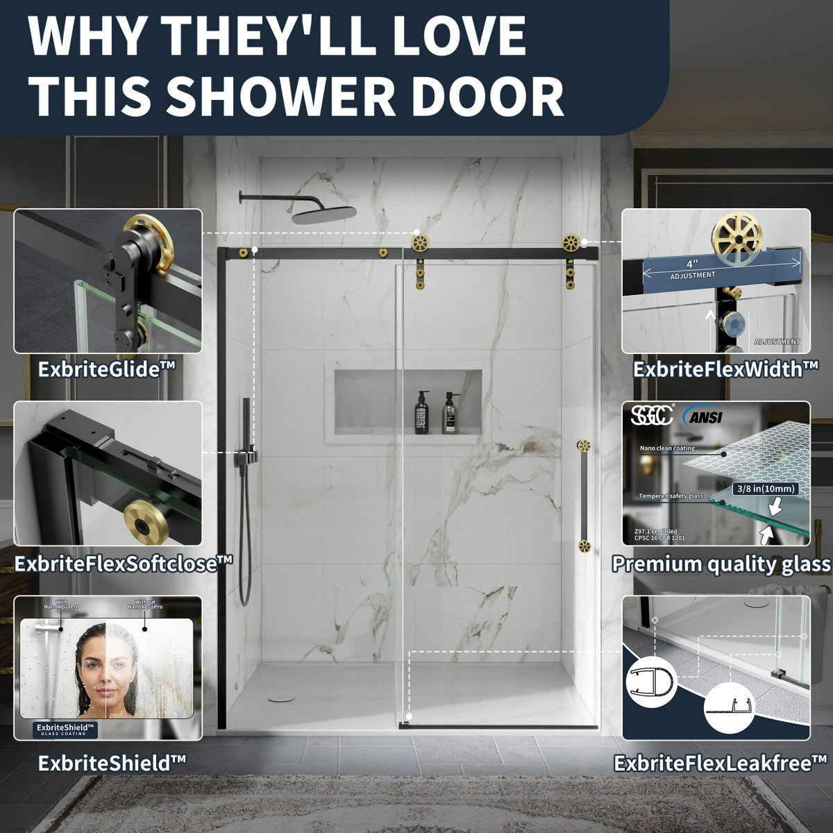 56-60" x 76" Frameless Sliding Shower door,Black Gold,Easy clean,Fixed Glass Left|ExBrite Elysian-F Series