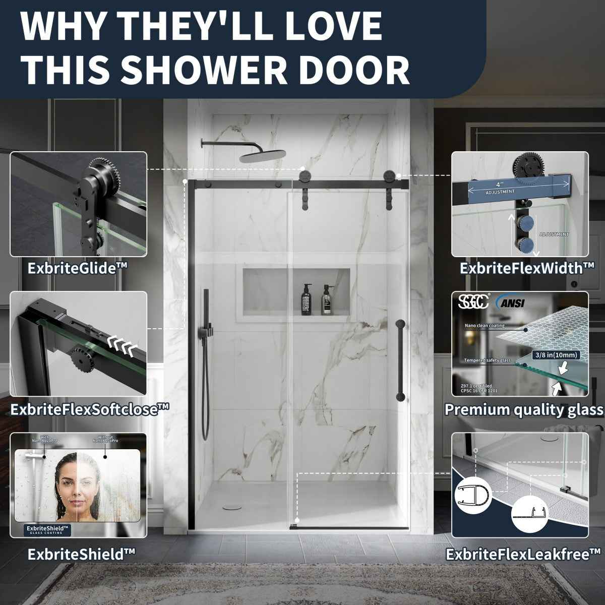 44-48" x 76" Frameless Sliding Shower door,Matte Black,Easy clean|ExBrite Elysian-G Series