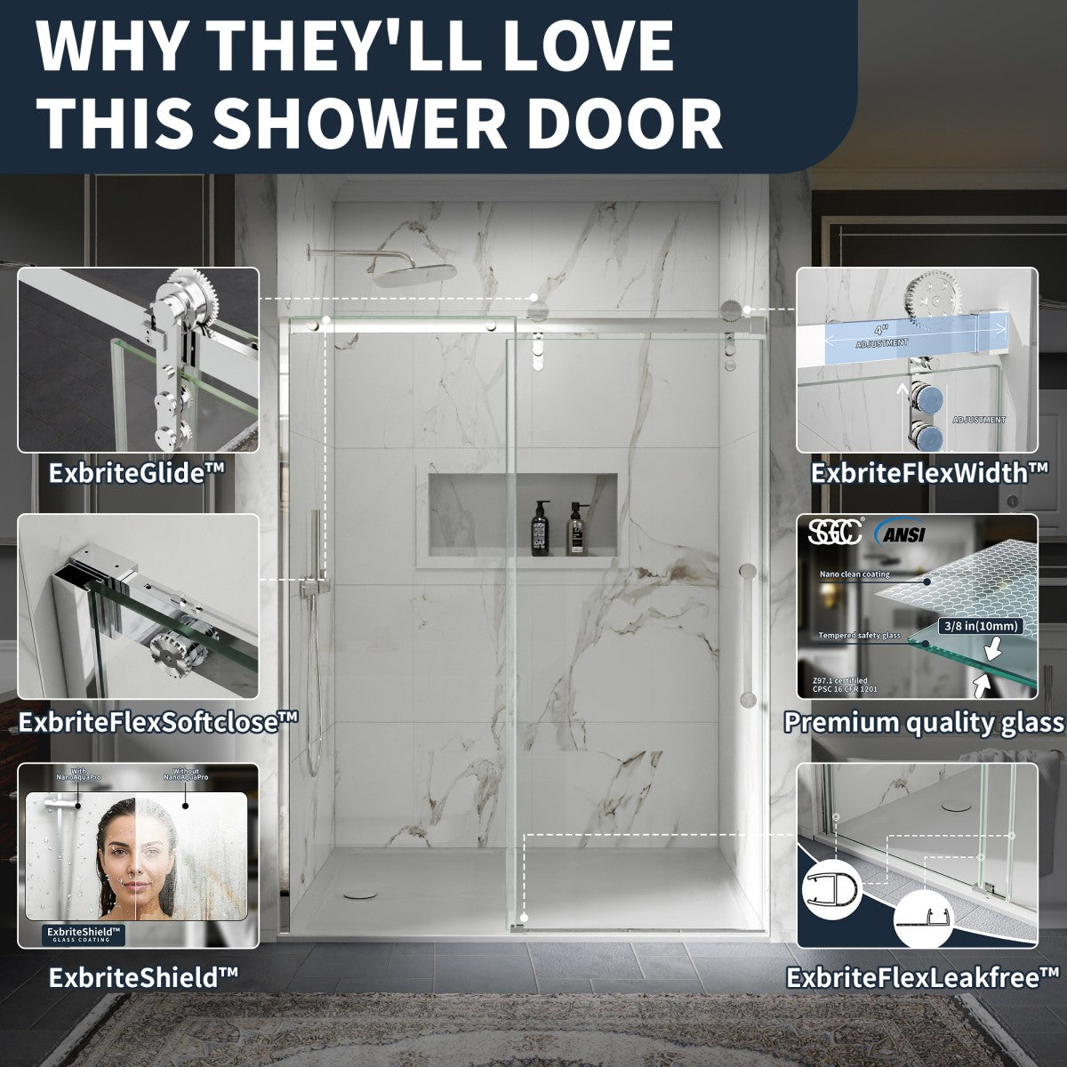 56-60" x 76" Frameless Sliding Shower door,Chrome,Easy clean,Fixed Glass Left|ExBrite Elysian-S Series