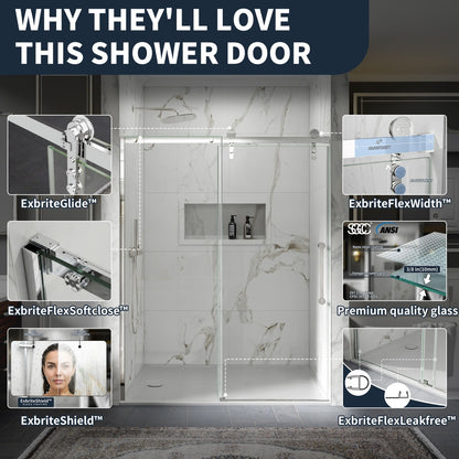 56-60" x 76" Frameless Sliding Shower door,Chrome,Easy clean,Fixed Glass Left|ExBrite Elysian-S Series