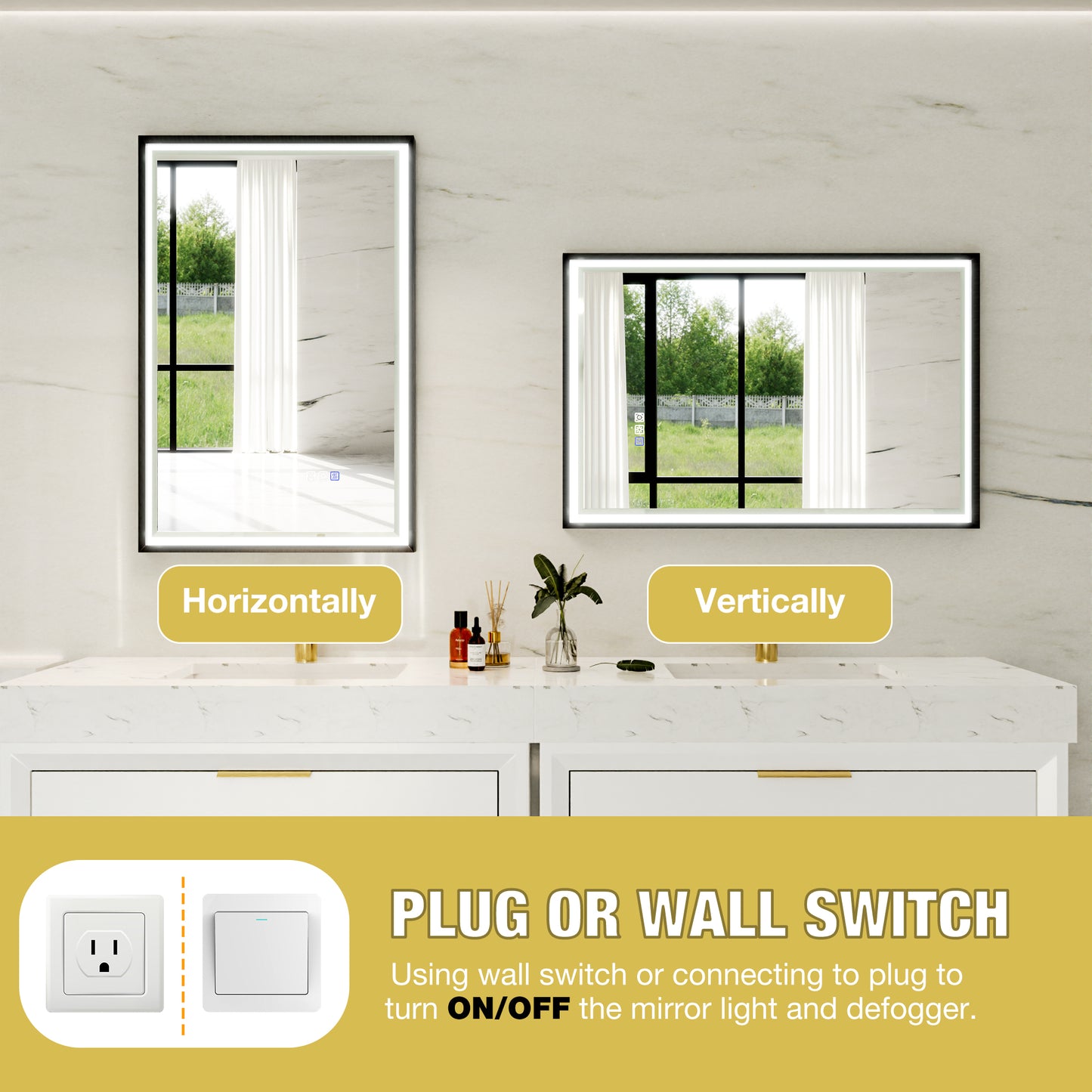 Verloar 22" W x 34" H Dimmable Lighted Bath Mirror with Light, Anti Fog and Matte Black Frame