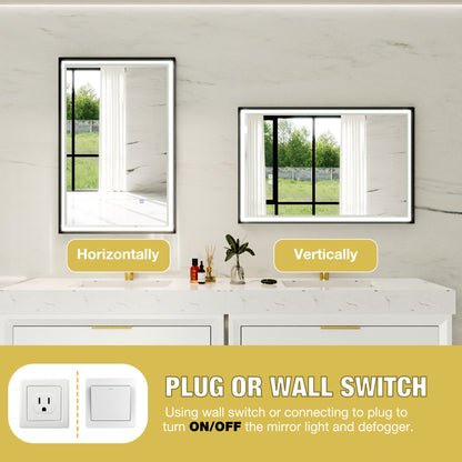 Verloar 22" W x 34" H Dimmable Lighted Bath Mirror with Light, Anti Fog and Matte Black Frame