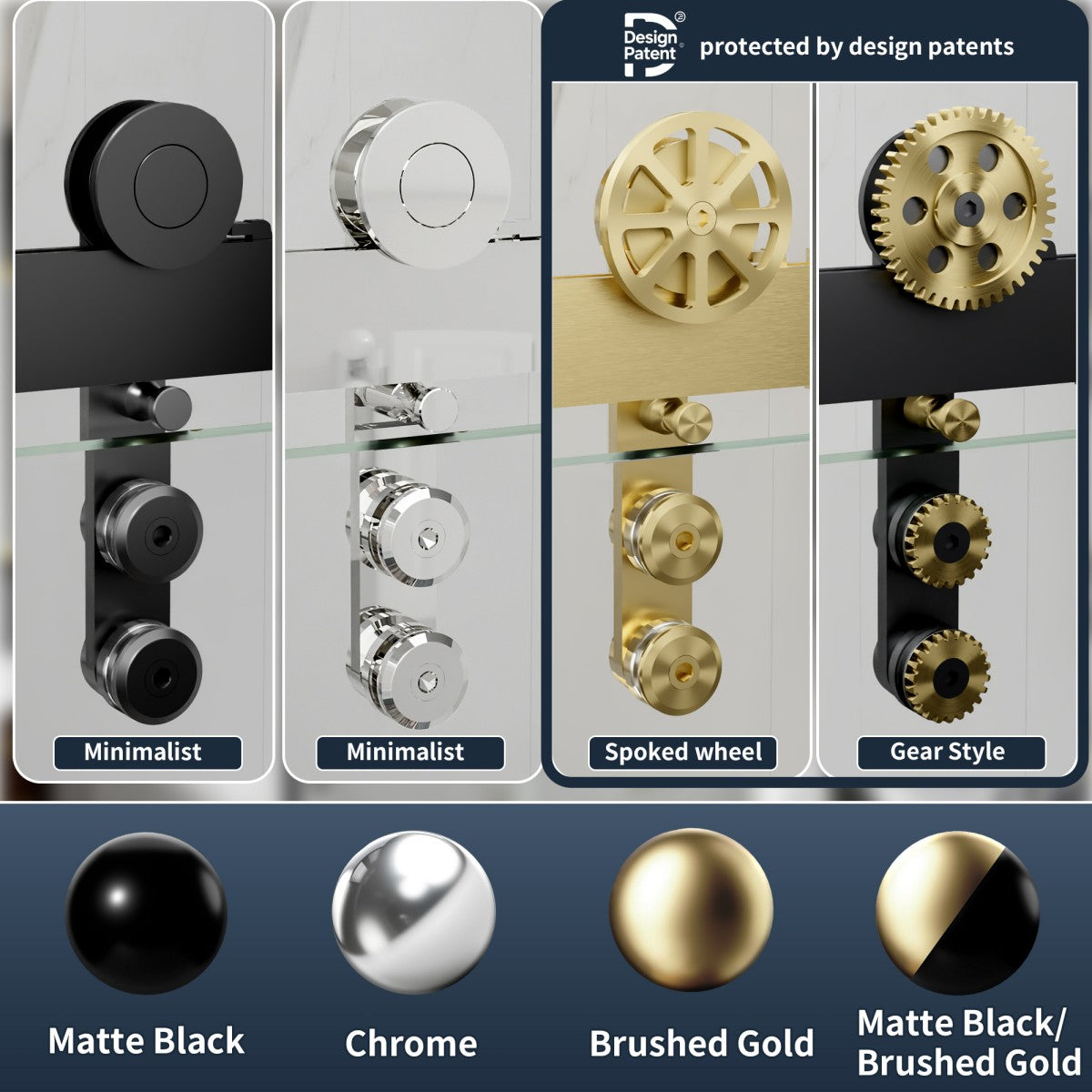 Decorative wall mount options with minimalist, spoked wheel, and gear styles in matte black, chrome, brushed gold, and matte black/brushed gold.
