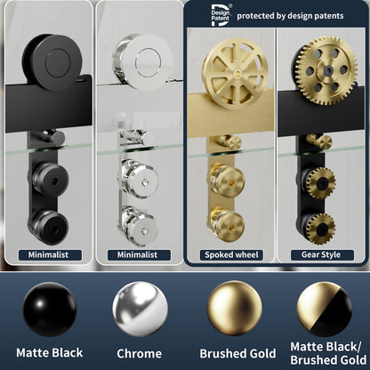 Decorative wall mount options with minimalist, spoked wheel, and gear styles in matte black, chrome, brushed gold, and matte black/brushed gold.