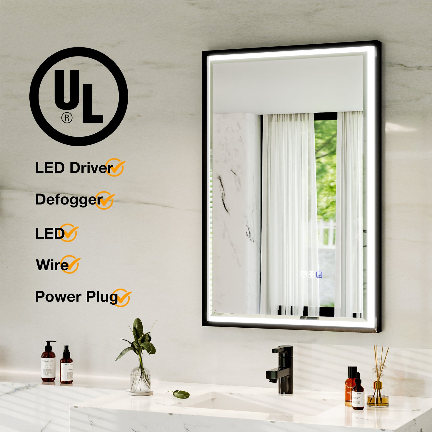 Verloar 22" W x 34" H Dimmable Lighted Bath Mirror with Light, Anti Fog and Matte Black Frame