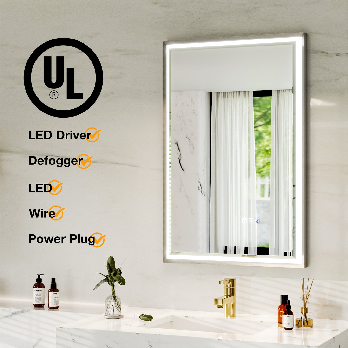 Verloar 22" W x 34" H Lighted Bathroom Mirror - Dimmable, Anti-Fog, Front-Lit Illumination in Brushed Nickel