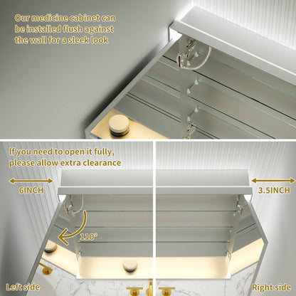 Ample 36" W x 36" H LED Lighted Chrome Medicine Cabinet with Mirror and Shelves for Bathroom Recessed or Surface Mount