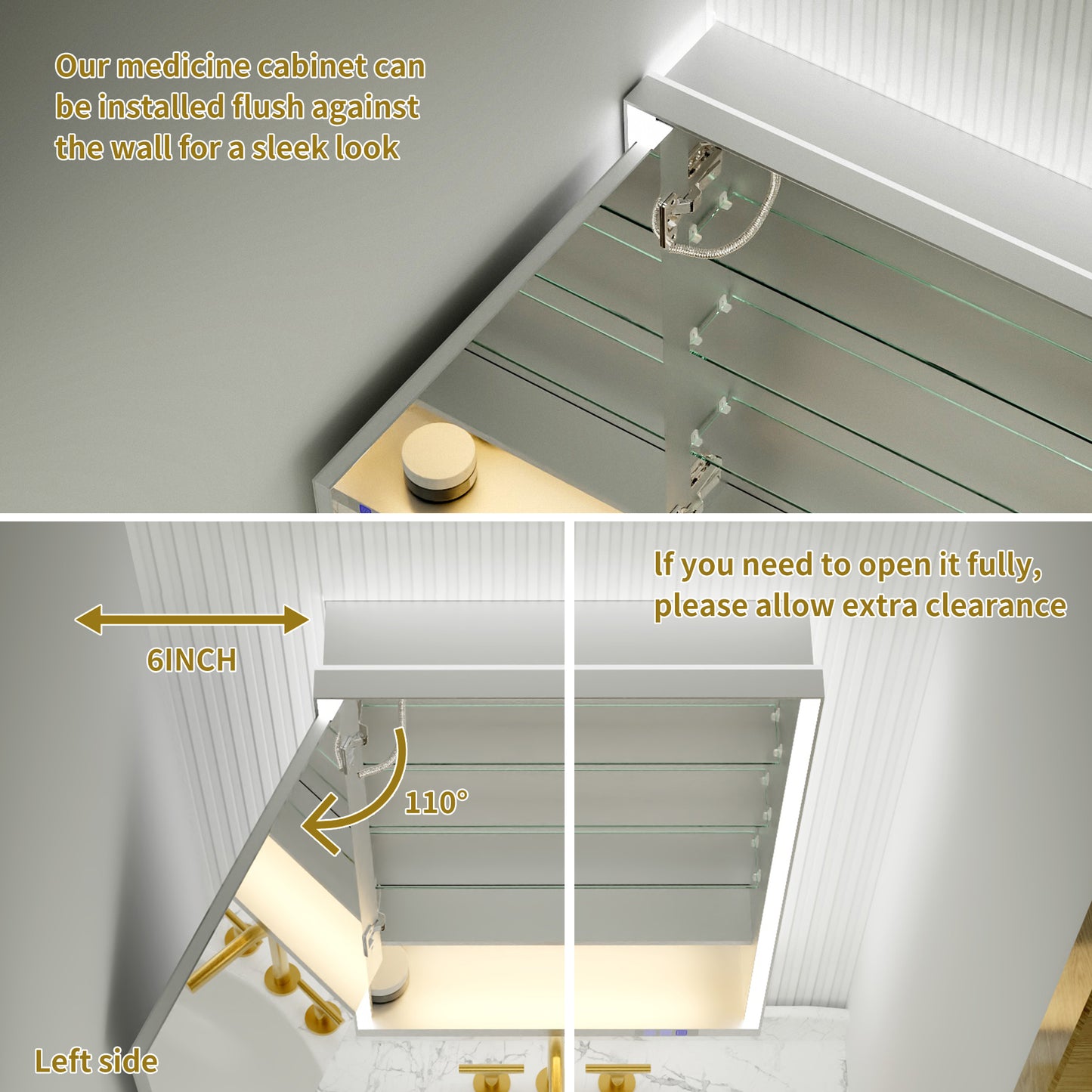 Ample 24" W x 36" H LED Lighted Chrome Medicine Cabinet with Mirror and Shelves for Bathroom Recessed or Surface Mount