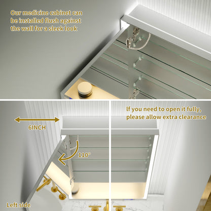 Ample 24" W x 36" H LED Lighted Chrome Medicine Cabinet with Mirror and Shelves for Bathroom Recessed or Surface Mount
