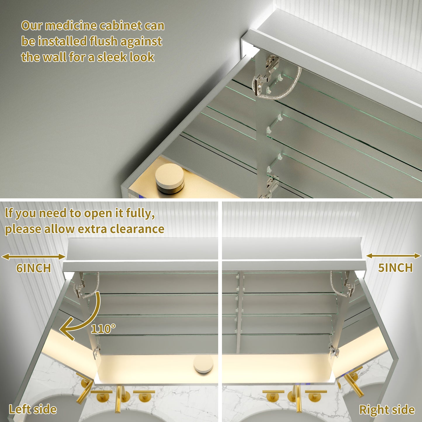 Ample 42" W x 36" H LED Lighted Chrome Medicine Cabinet with Mirror and Shelves for Bathroom Recessed or Surface Mount