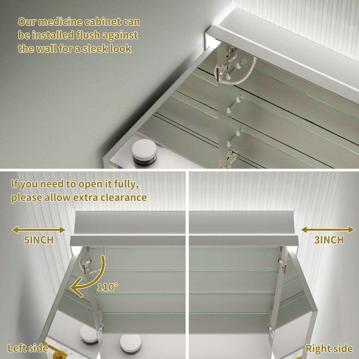 Ample 30" W x 36" H Contemporary Medicine Cabinet with LED Light, Mirror, and Shelves for Bathroom Recessed or Surface Mount
