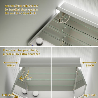Ample 30" W x 36" H Contemporary Medicine Cabinet with LED Light, Mirror, and Shelves for Bathroom Recessed or Surface Mount