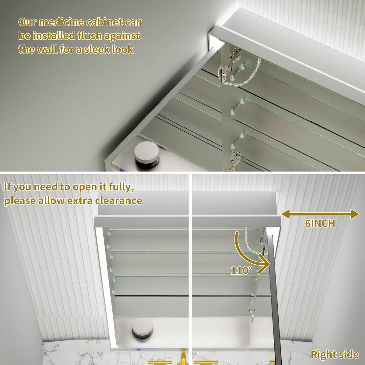 Ample 24" W x 36" H LED Lighted Chrome Bathroom Medicine Cabinet with Mirror and Shelves, Right Hinge for Recessed or Surface Mount