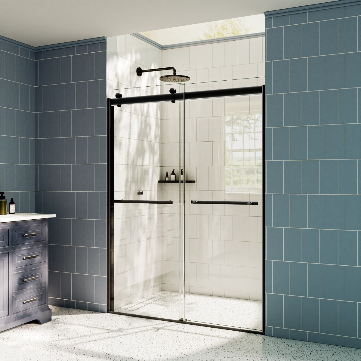 ExRoll 56"-60" Width x 74" Height Shower Sliding Glass,Clear Tempered Glass,Matte Black,Explosion-proof,Easy-to-clean coating,Smooth Door Closing