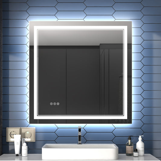 Linea 36" W x 36" H LED Heated Bathroom Mirror,Anti Fog,Dimmable,Front-Lighted and Backlit, Tempered Glass