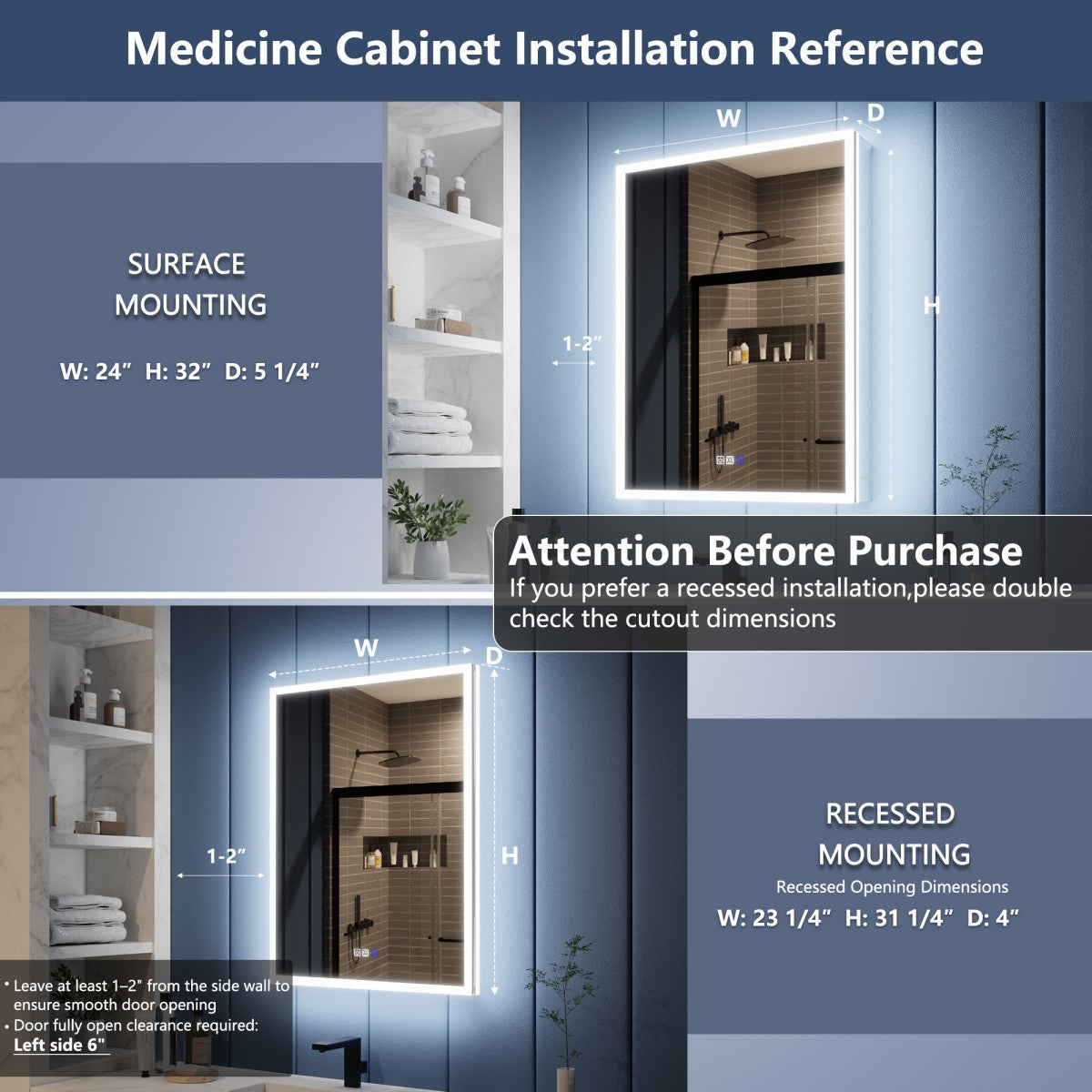 Illusion 24" x 32" LED Lighted Medicine Cabinet with Magnifiers Front and Back Light,Hinge on the Right