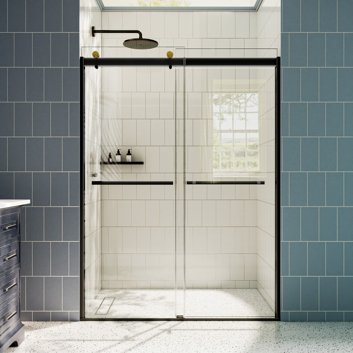 ExRoll 56"-60" Width x 74" Height Shower Sliding Glass,Clear Tempered Glass,Matte Black,Smooth Door Closing,Explosion-proof,Easy-to-clean coating