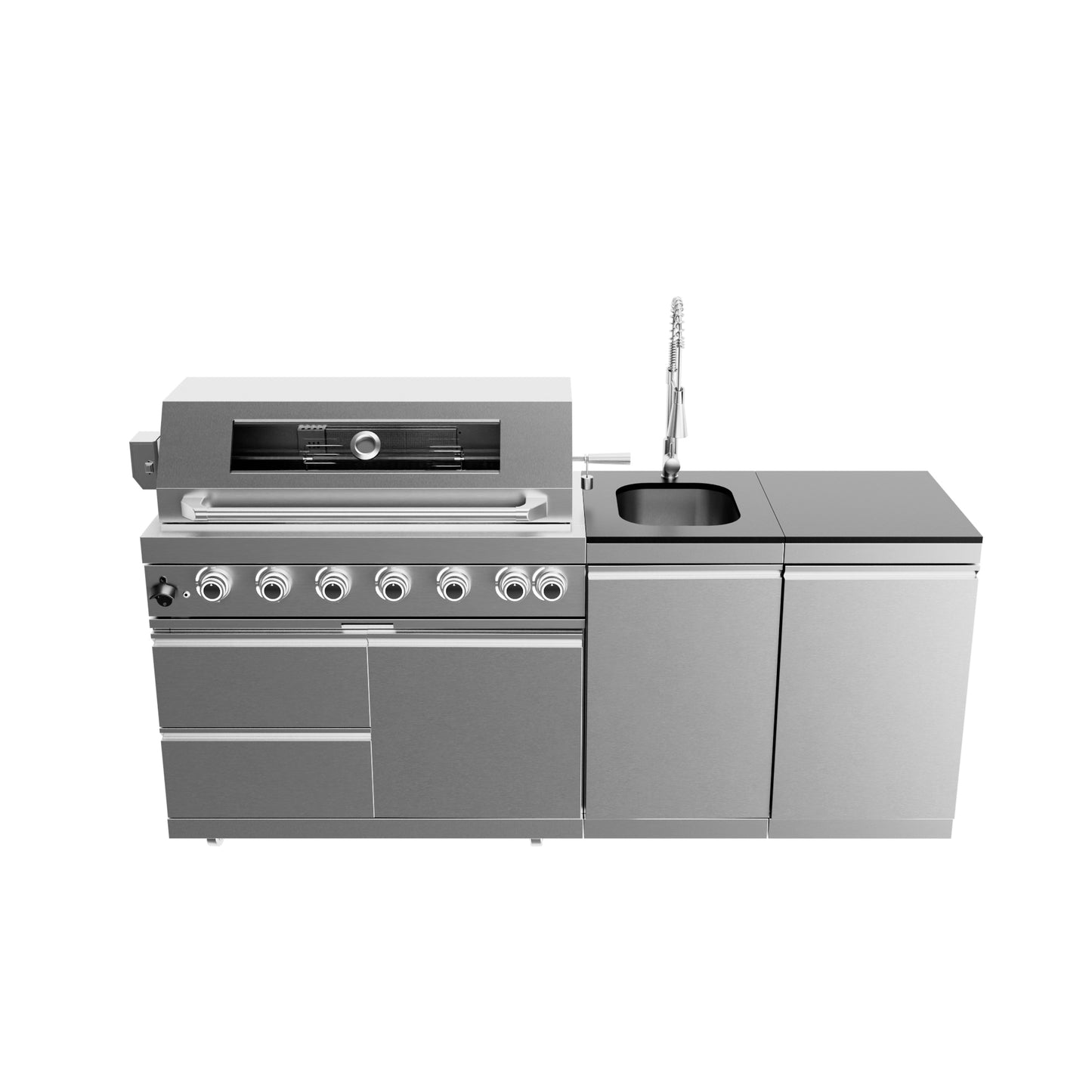 43-Inch 6-Burner 85000 BTU Deluxe Stainless Steel Gas Outdoor Kitchen Bar Barbecue Island Grill  + Rotisserie + Granite Countertops + Storage Cabinets & Drawers + Stainless Steel Sink/Faucet