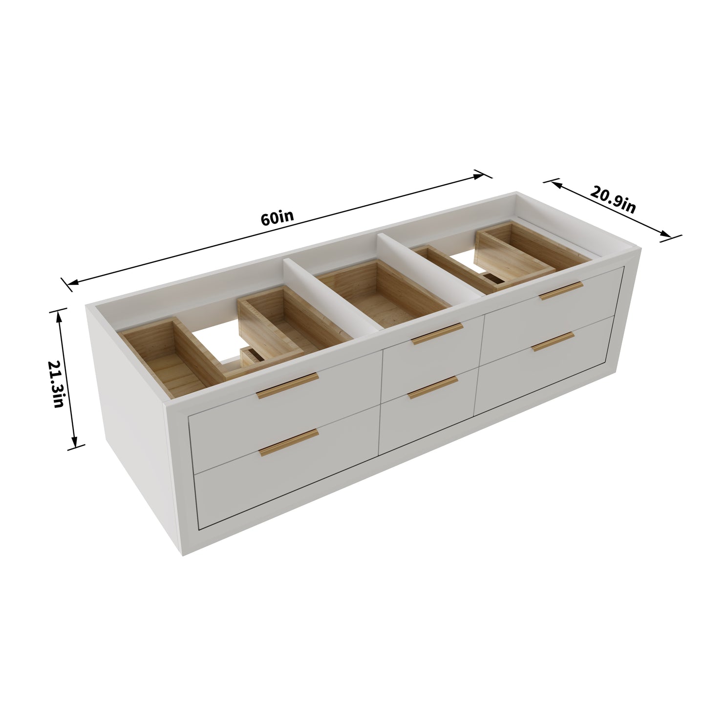 Glam 60 inch Floating Vanity Without Top - Modern Rubberwood Bathroom Cabinet with Lights