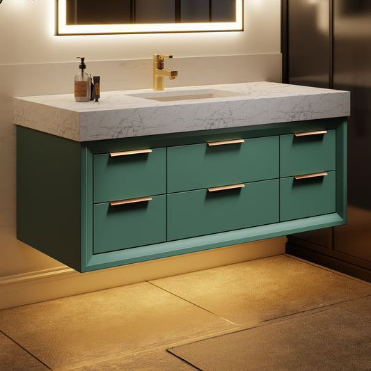 Glam 48" Modern Floating Green Rubberwood Bathroom Vanity Cabinet with Lights and Stone Slab Countertop, Single Sinks