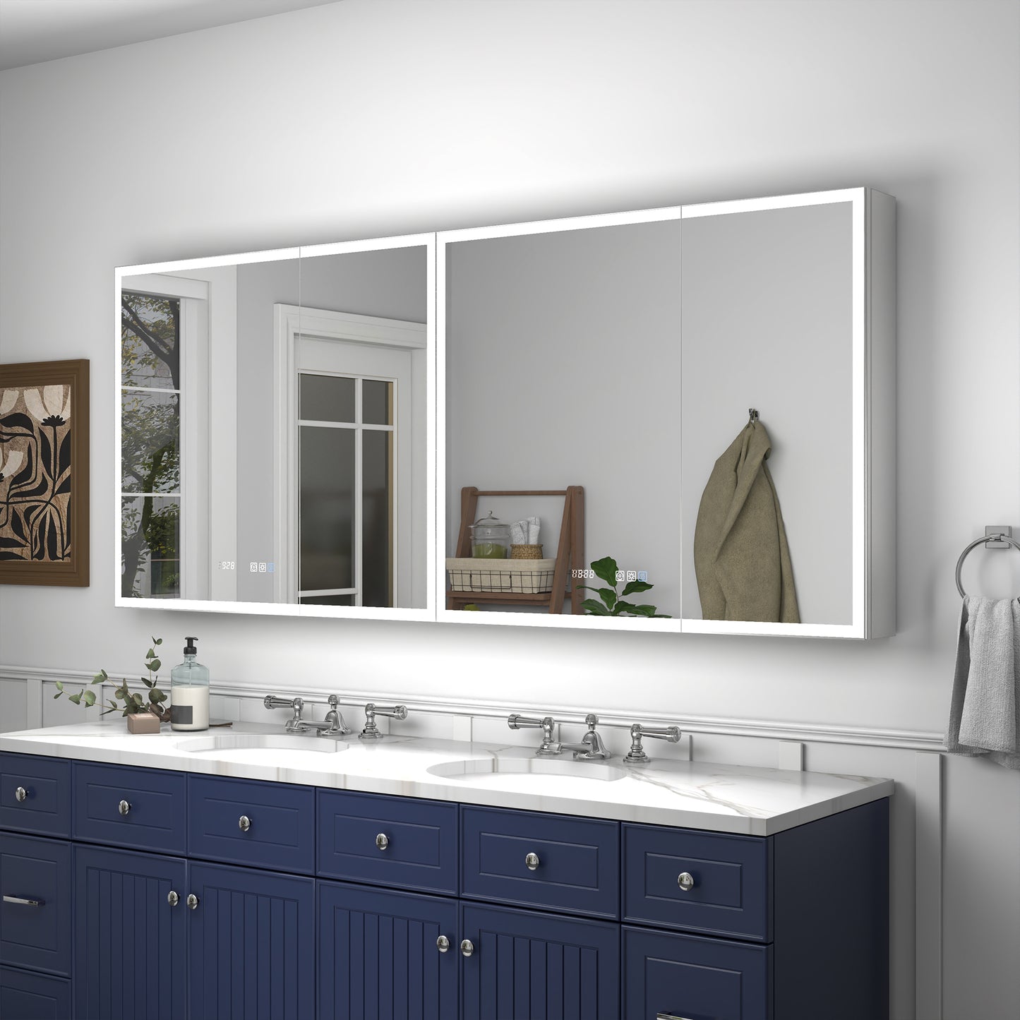 Rim 72" W x 30" H LED Lighted Medicine Cabinet Recessed or Surface with Mirrors