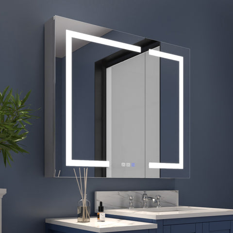 Boost-M1 36" W x 32" H Bathroom Light Medicine Cabinets Recessed or Surface Defogger, Dimmer, Outlets & USB