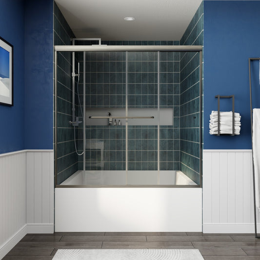 Allsumhome Glide-M 56-60" Semi-Frameless Double Sliding Tub Door,Bypass Bathtub Shower Tempered Glass Door,Explosion-Proof Film,Brush Nickel