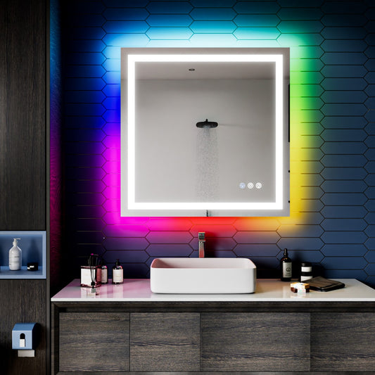 36"x 36" RGB Smart LED Bathroom Mirror–Color Changing Backlit Mirror with Anti-Fog & Dimmable Touch Control|Exbrite DYLUX