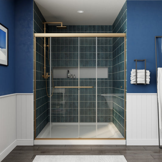 Glide Semi-Frameless Shower Door 56-60 in. W x 70 in. H Bypass Sliding Shower Enclosure,Brushed Gold,Double Sliding Glass Bathroom Doors