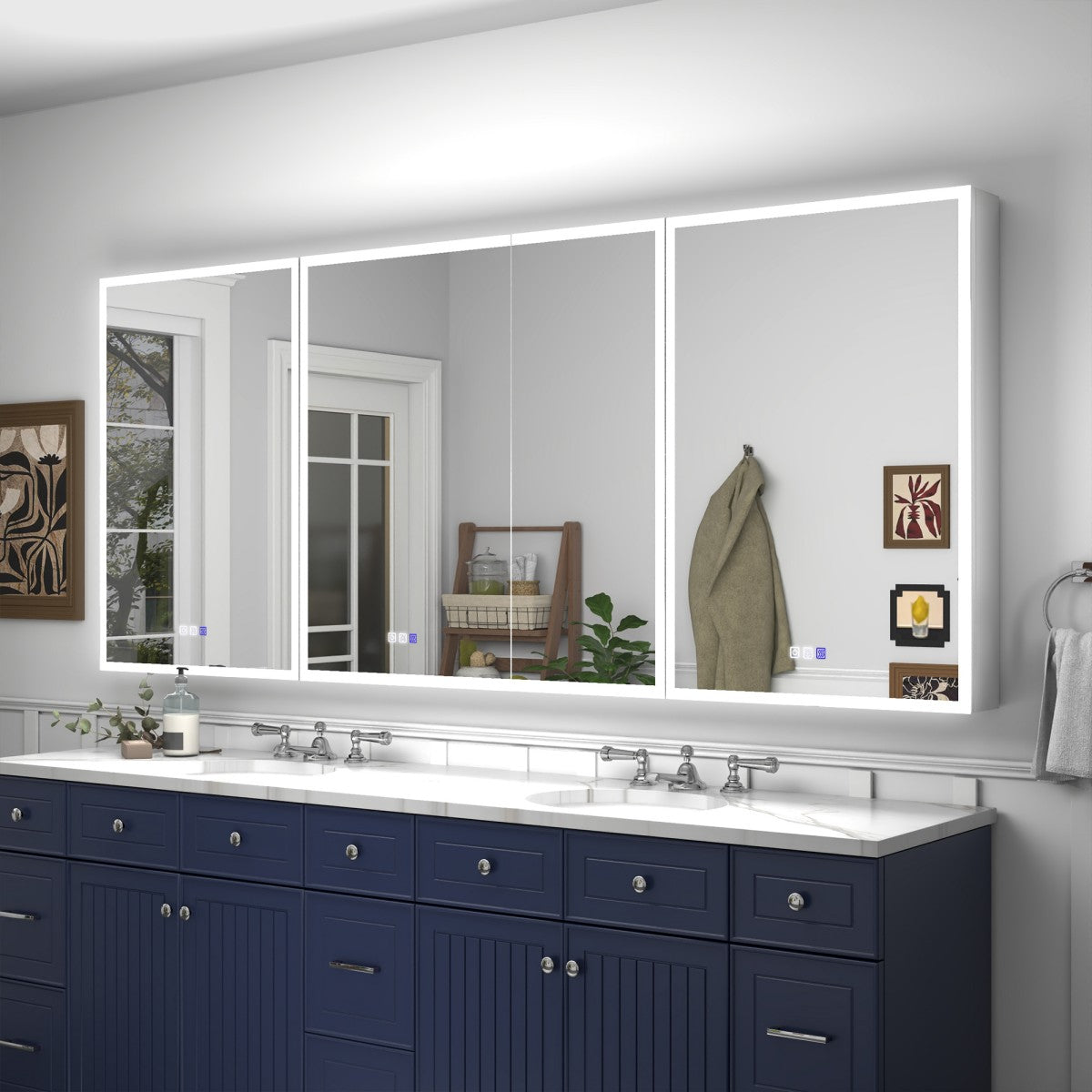 Rim 84" W x 36" H LED Lighted Medicine Cabinets Bathroom LED Mirror Recessed or Surface with Mirrors, 24-36-24