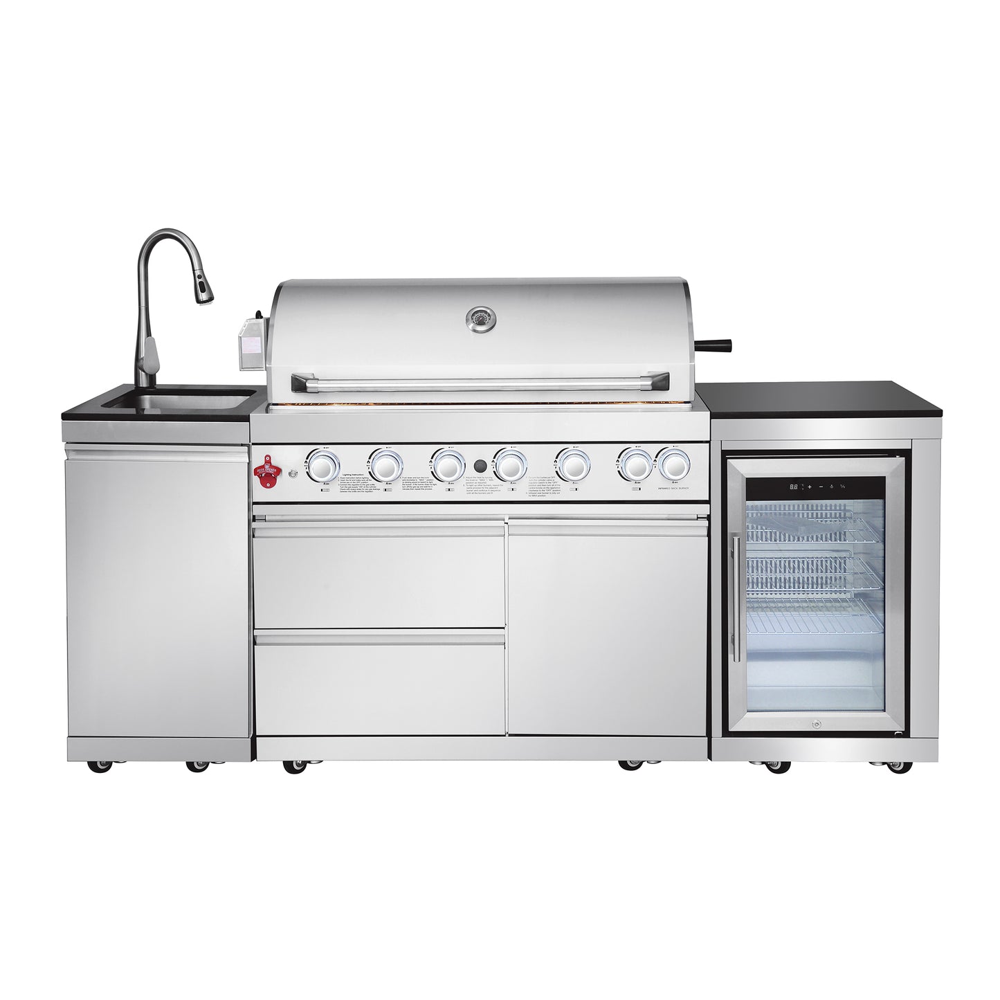 Outdoor Kitchen Island 82.5 Inch 6 Burner Propane Gas BBQ Grill 83500 BTU 304 Stainless Steel Silver Color With CSA, ETL Certification + Sink + Refrigerator