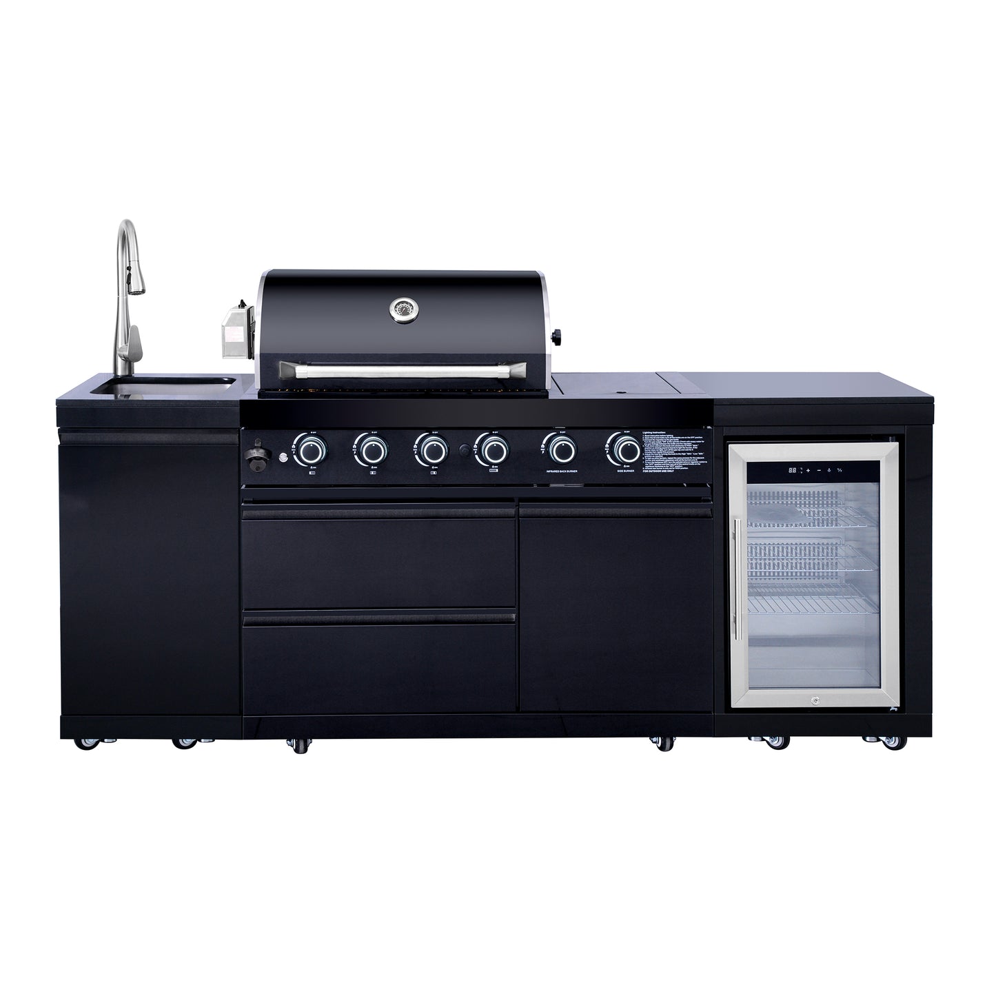 Outdoor Kitchen Island 85.2 Inch 4+1 Burner Propane Gas BBQ Grill 71500 BTU 304 Stainless Steel Black Color With CSA, ETL Certification + Sink + Refrigerator
