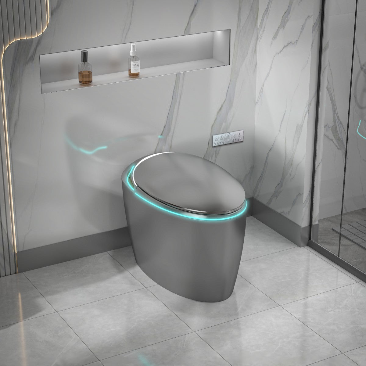 EP Exbrite Unique Smart Toilet with Bidet Built In, Intelligent One Piece Toilet For Modern Bathroom, Auto Open/Close Seat, Foot Sensor, LED Display,Night Light, Warm Water & Dryer,Grey