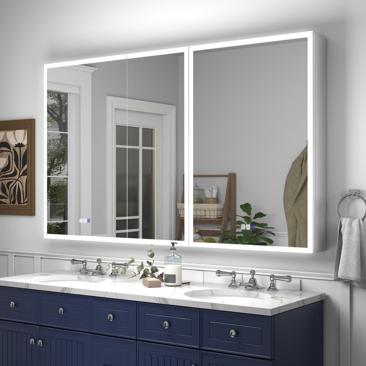Rim 60 x 36 inch LED medicine cabinet in a contemporary bathroom setting