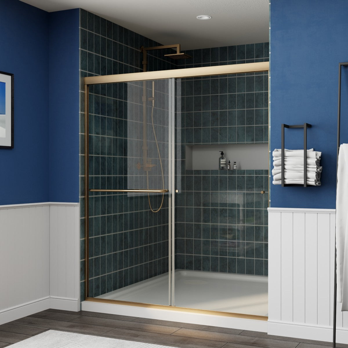 Glide Semi-Frameless Shower Door 56-60 in. W x 70 in. H Bypass Sliding Shower Enclosure,Brushed Gold,Double Sliding Glass Bathroom Doors