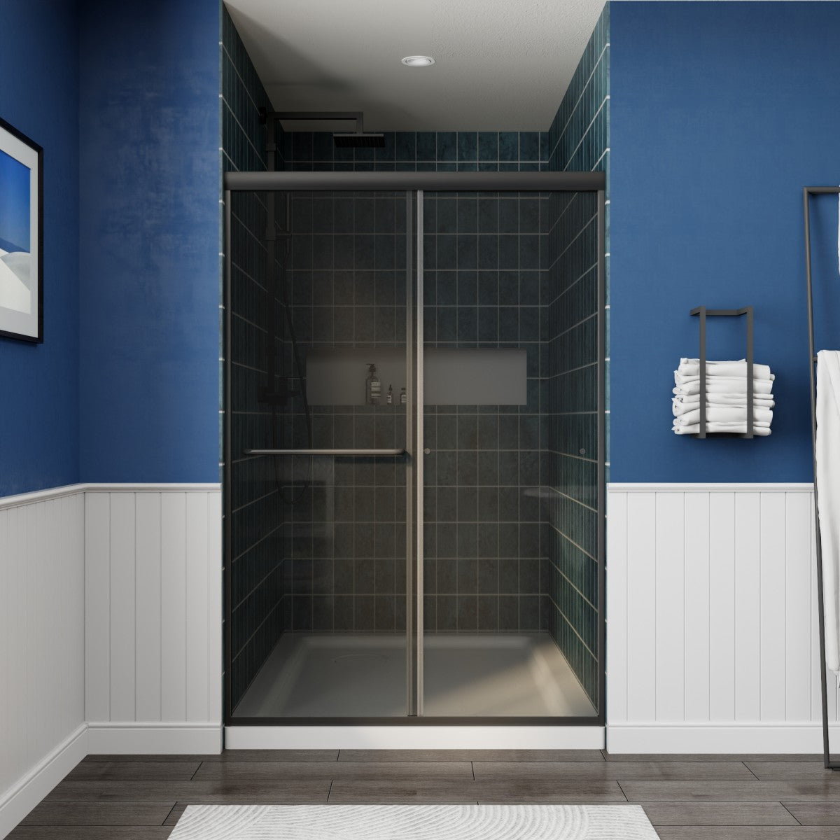 Glide-GR Semi-Frameless Shower Door 44-48 in. W x 70 in. H Bypass Sliding Shower Enclosure,Matte Black,Double Sliding Smoke Gray Glass