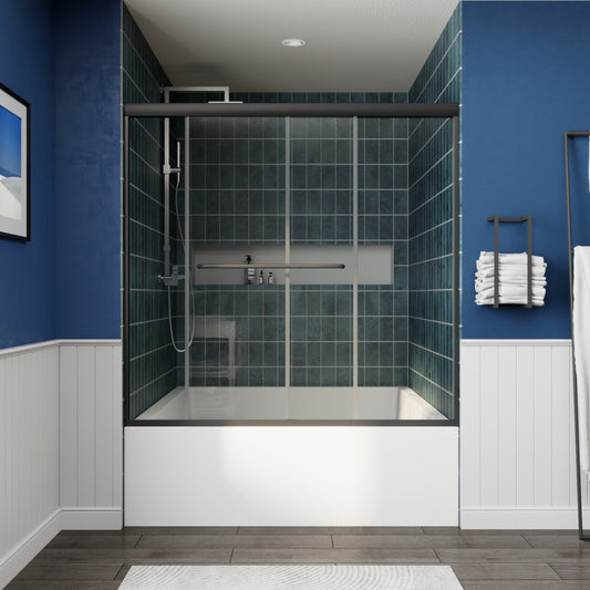 Allsumhome Glide-M 56-60" Semi-Frameless Double Sliding Tub Door,Bypass Bathtub Shower Tempered Glass Door,Explosion-Proof Film,Matte Black