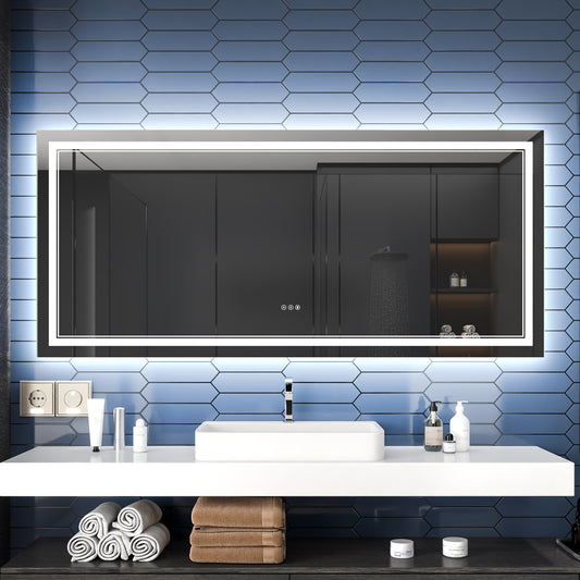 Linea 72" W x 32" H LED Heated Bathroom Mirror,Anti Fog,Dimmable,Front-Lighted and Backlit, Tempered Glass