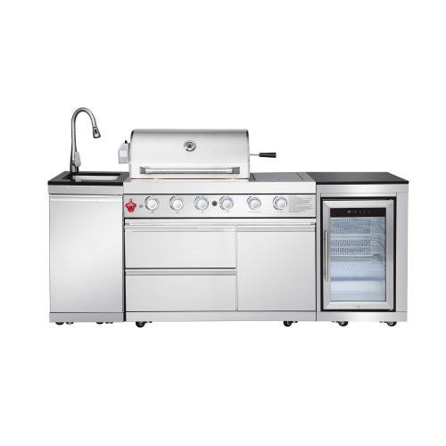 Outdoor Kitchen Island 85.2 Inch 4+1 Burner Propane Gas BBQ Grill 71500 BTU 304 Stainless Steel Silver Color With CSA, ETL Certification + Sink + Refrigerator + Bar Table