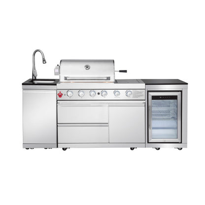 Outdoor Kitchen Island 85.2 Inch 4+1 Burner Propane Gas BBQ Grill 71500 BTU 304 Stainless Steel Silver Color With CSA, ETL Certification + Sink + Refrigerator + Bar Table