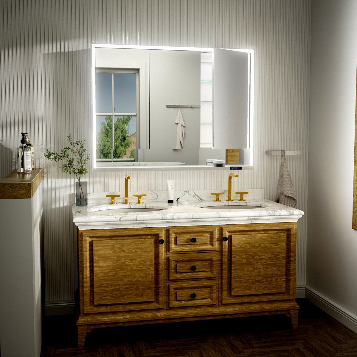 Ample 48" W x 36" H LED Lighted Chrome Medicine Cabinet with Mirror and Shelves for Bathroom Recessed or Surface Mount