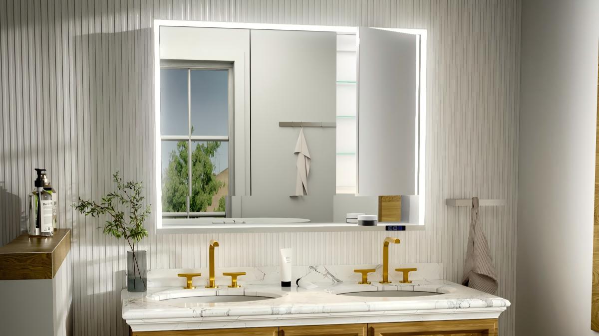 Video laden: Ample 48" W x 36" H LED Lighted Chrome Medicine Cabinet with Mirror