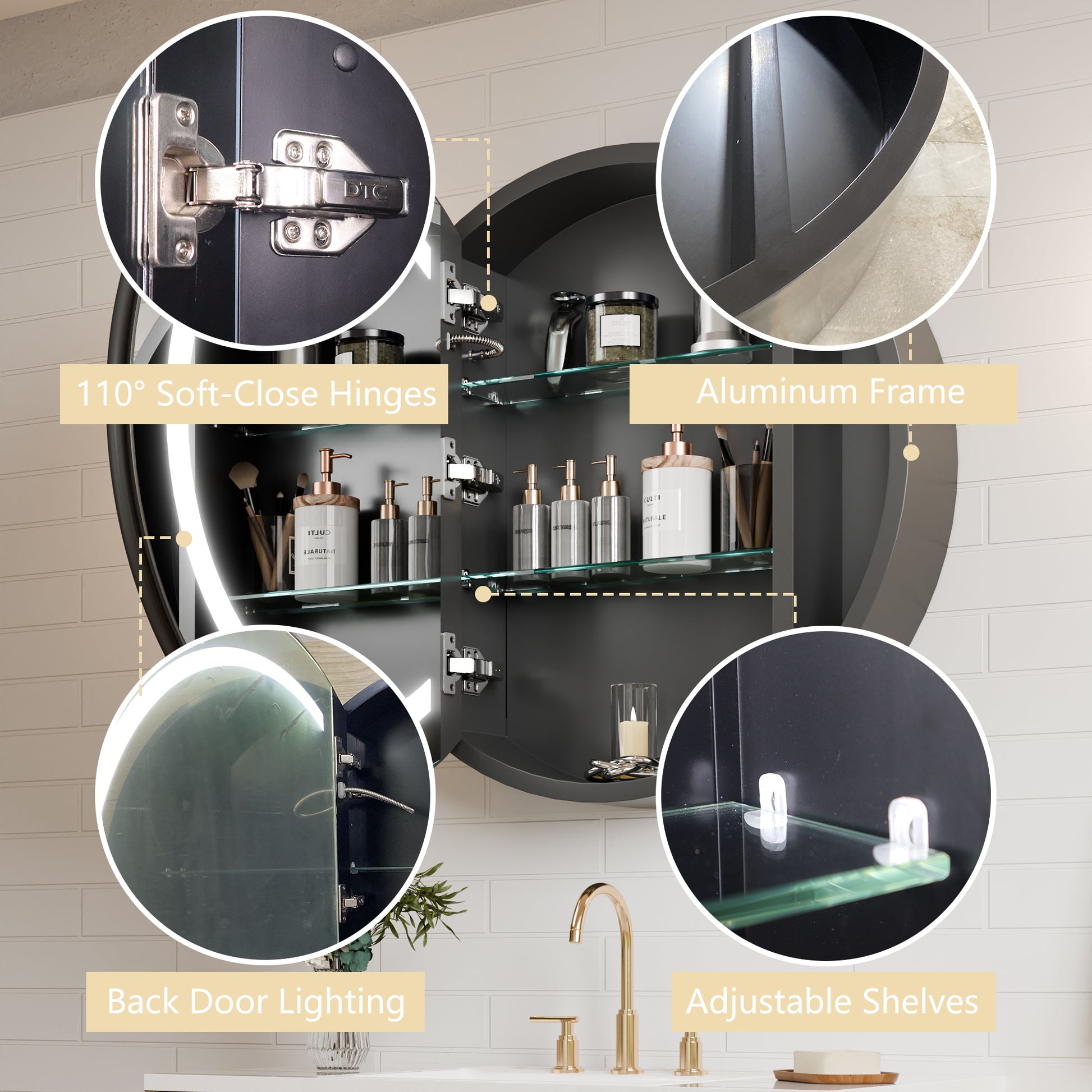 Hola 26" Round LED Medicine Cabinet – Black Frame, Anti-Fog, Dimmable Lighting, Surface Mount - ExBriteUSA