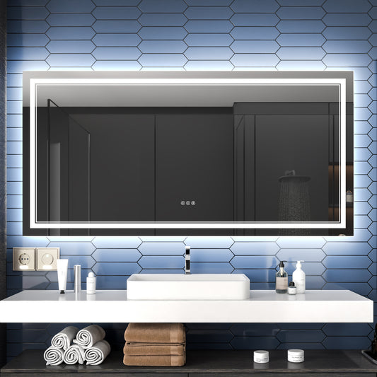 Linea 72" W x 36" H LED Heated Bathroom Mirror,Anti Fog,Dimmable,Front-Lighted and Backlit, Tempered Glass