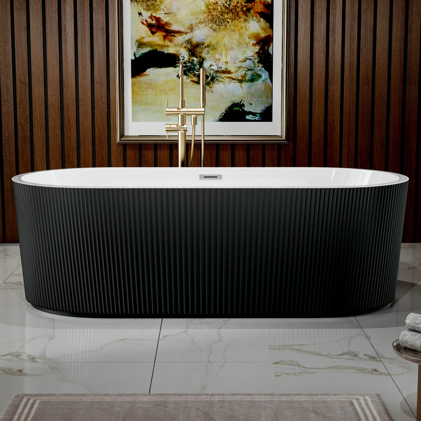 WSP-NK Exbrite 67' Acrylic Freestanding Bathtub, Unique Pleated Design, Glossy Black, Brushed Nickel  Overflow and Pop-Up Drain, cUPC Certified