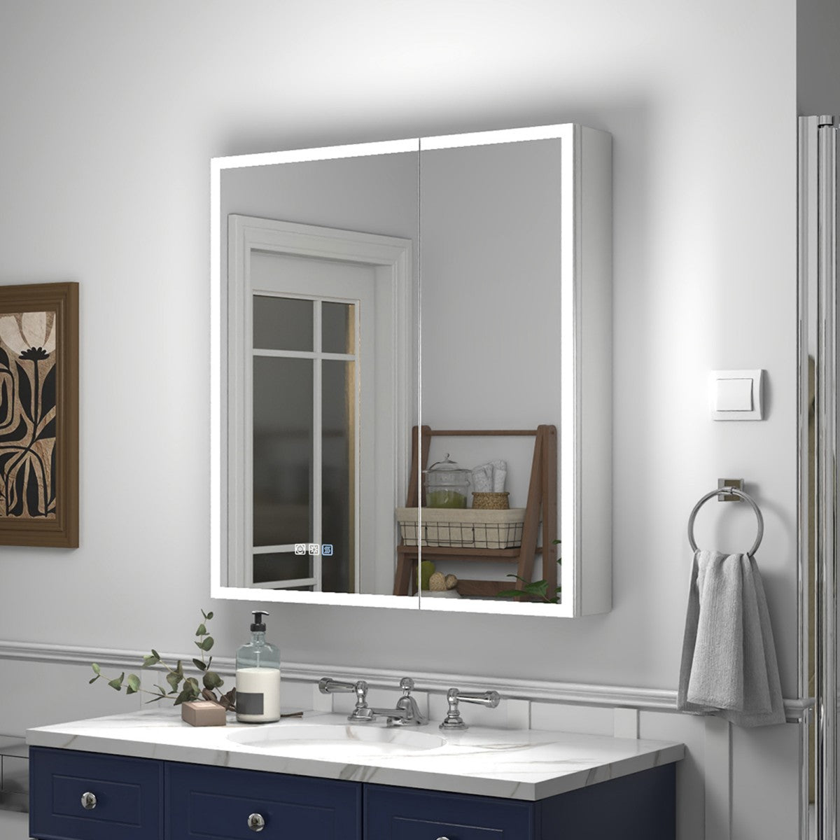 Bathroom with a large illuminated mirror above a sink