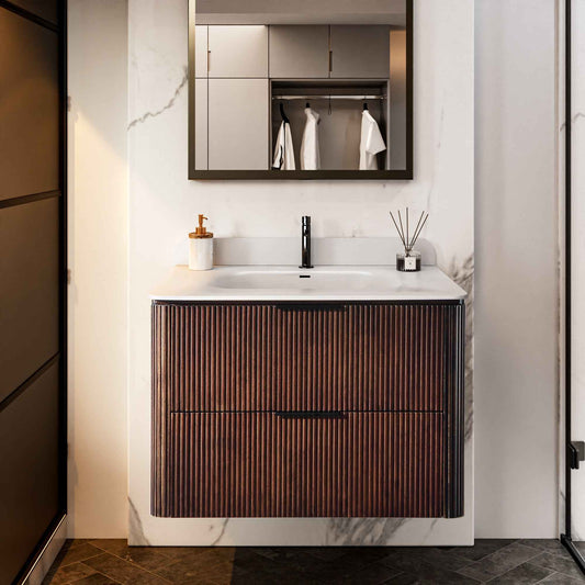 30 inch Floating Bathroom Vanity with Sink, Pre-Assembled, Wall Mounted Plywood Bathroom Storage Cabinet with Safety Rounded,Large Soft-Close Fluted Drawers & Metal Handles