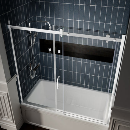 Zephyr 56-60" Semi-Frameless Single Sliding Tub Door,Chrome,Bypass Bathtub Shower Tempered Glass Door with Explosion-Proof Film