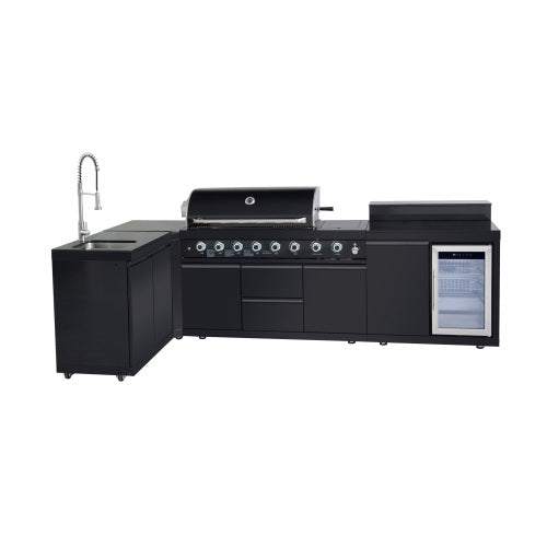 Outdoor Kitchen Island 95.8 Inch 6+1 Burner Propane Gas BBQ Grill 95500 BTU 304 Stainless Steel Black Color With CSA, ETL Certification + Sink + Refrigerator + Bar Table