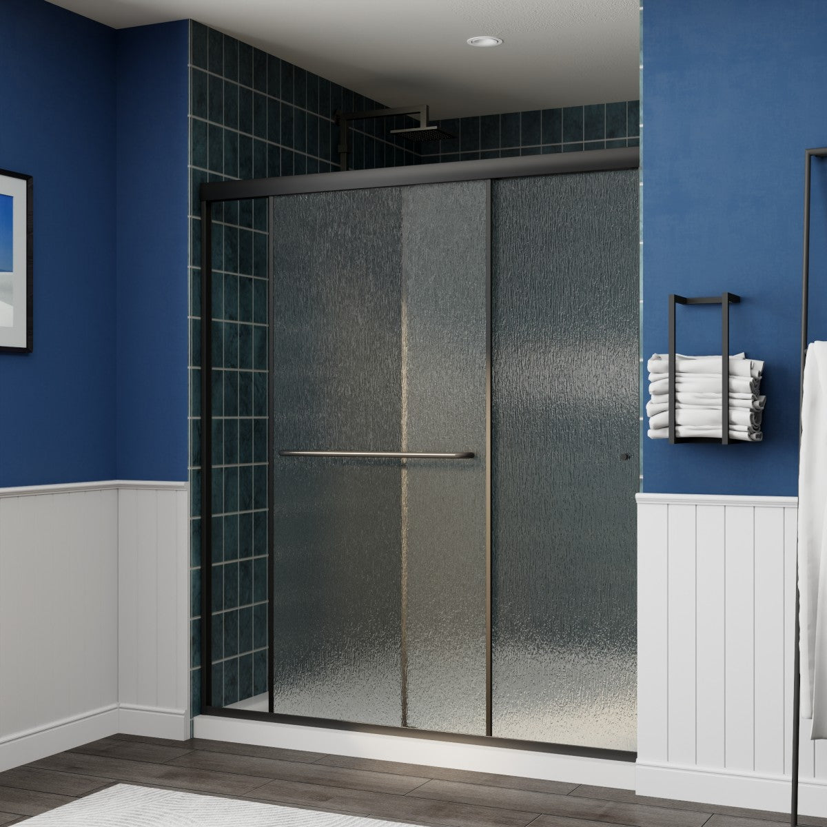 Glide-RA Semi-Frameless Shower Door 56-60 in. W x 70 in. H Bypass Sliding Shower Enclosure,Matte Black,Double Sliding Rain Glass Doors